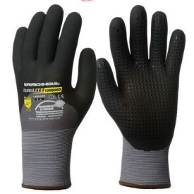   EUROLITE 1INTG 15N606D pettyezett munkavédelmi kesztyű erős szakítás- és kopásállóságú fekete nylon/spandex, tenyerén mikrohabosított nitrillel mártott, szellőző, gumírozott mandzsetta