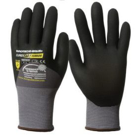   EUROLITE 1INTG 15N606 munkavédelmi kesztyű erős szakítás- és kopásállóságú fekete nylon/spandex, tenyerén mikrohabosított nitrillel mártott, szellőző, gumírozott mandzsetta