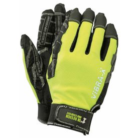   1st VIBRA-X Jólláthatósági munkavédelmi kesztyű, vízálló és lélegző membrán, bőr tenyér, rezgéselnyelő hab, csúszásgátló szilikon az ujjakon. Szintetikus bőr körömvédő, poliészter bélés. Neoprén mandzsetta tépőzárral. Műanyag akasztó méretjelzéssel.