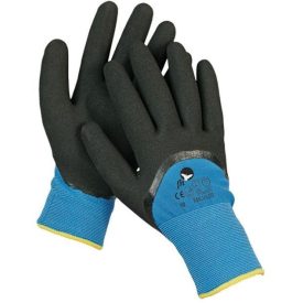   MILVUS Bélelt kötött munkavédelmi kesztyű, PE külső réteg, puha akril belsőréteg. 2x mártott nitrillel, homokszórt felületű.