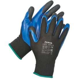   GARRULUS Kötött munkavédelmi kesztyű, félig mártott latex tenyérrel, ujjakon duplán mártott, ráncolt felület a biztos fogás érdekében. Rugalmas mandzsettával.