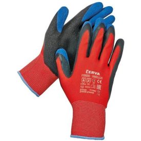   VANELLUS Kötött PES munkavédelmi kesztyű, félig mártott latex tenyérrel. Duplán mártott, ráncolt felület a biztos fogás érdekében. Rugalmas mandzsettával. Nagyobb igénybevételra is alkalmas.