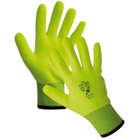   TURTUR Melegen bélelt, kötött, vízlepergető nylon munkavédelmi kesztyű, fluo sárga. Tenyéren PVC-vel mártott. Vastag béléssel és rugalmas mandzsettával.
