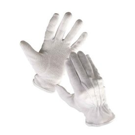   BUSTARD Kötött pamutkelméből varrt, mandzsetta nélküli munkavédelmi kesztyű PVC-vel pontozott tenyérrel és ujjakkal, rugalmas szalaggal a csukló felső részén.