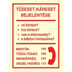   Tűz- és káreset bejelentése, után világítós tűzvédelmi öntapadós tábla